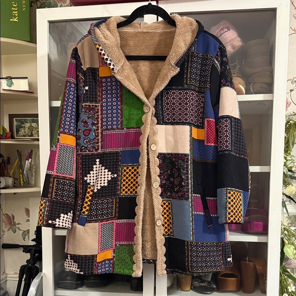Vintage Hooded Multicolor Patchwork Teddy Jacket